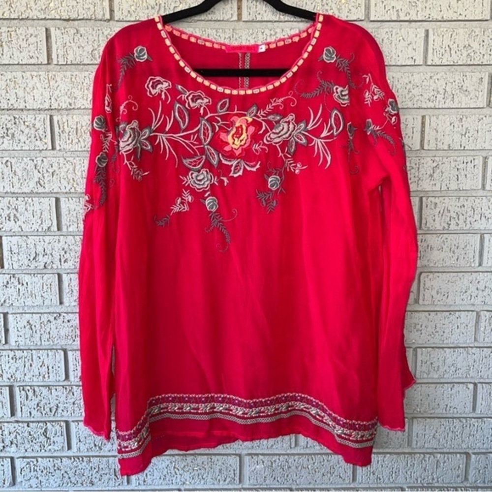 Johnny Was Embroidered Floral Rose Hot Pink Tunic Swing Top Small Shirt Blouse